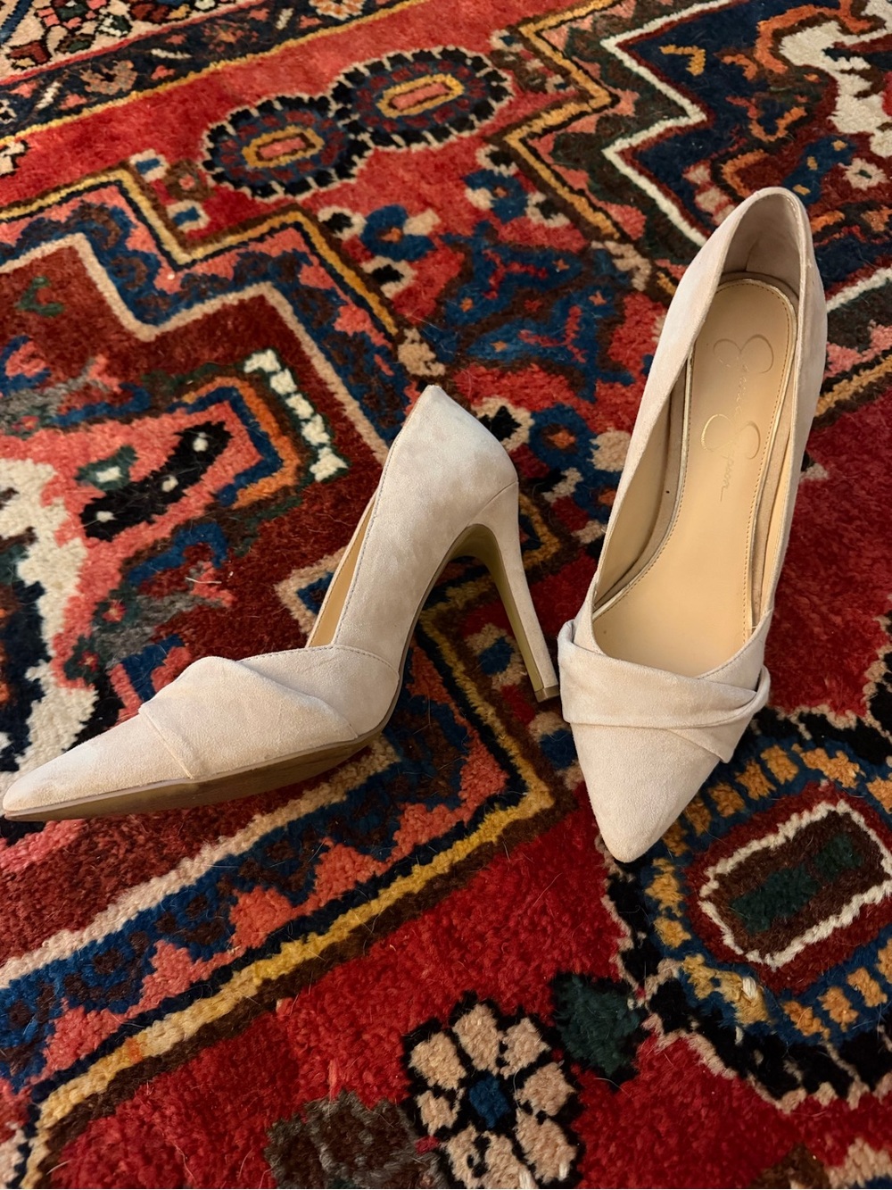 Jessica Simpson Cream Pointed-Toe Suede Pumps with Wrapped Vamp